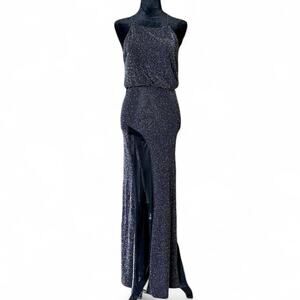 Y2K Bodycon Silver Maxi Dress – Glam Mesh Slit [S]